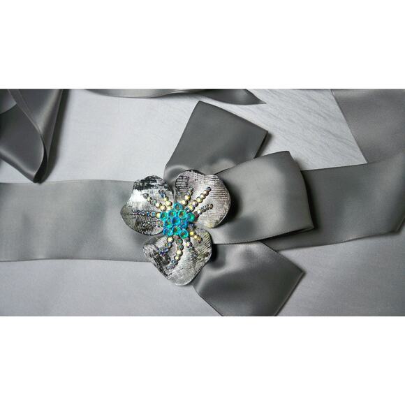 Silver Satin Rhinestone Brooch Belt Wedding Party Prom Formal Formal Dress Belt - Picture 1 of 4